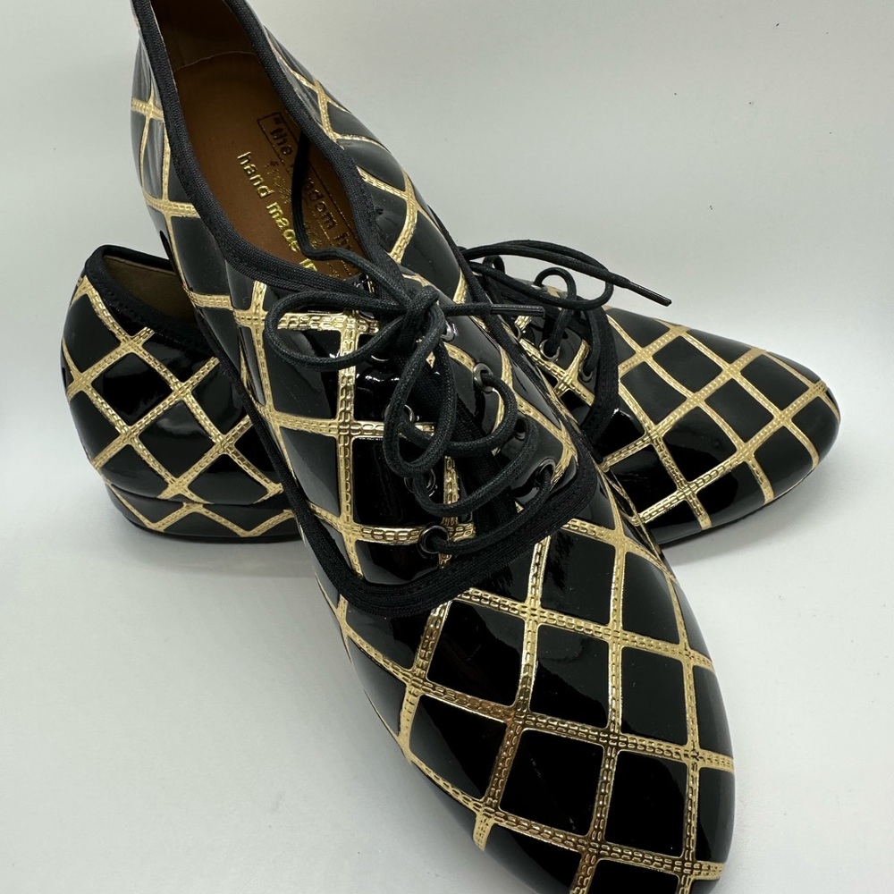 Black & gold patent oxfords, handmade, size 8.